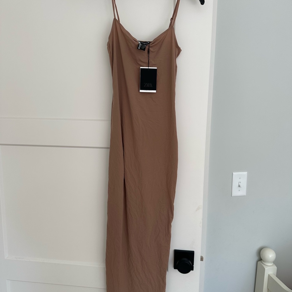 Zara Tan Maxi Slip Dress Spaghetti Strap Sleeveless